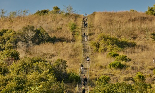 a group of people standing on a stone structure in a field