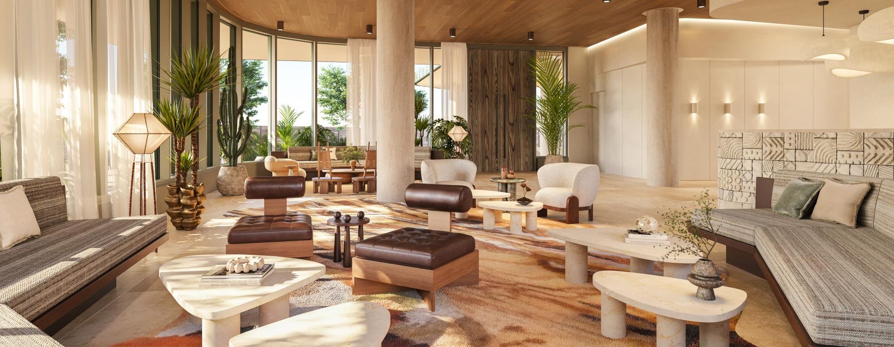 a room with a bed and couches