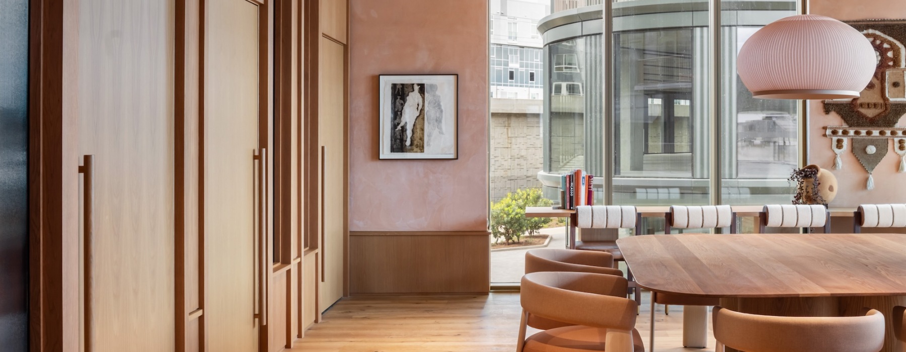 a lounge with a table